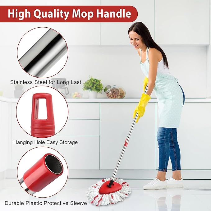 Spin Mop Replacement Head, Base, Handle Compatible with Ocedar Mop Set EasyWring 1-Tank Microfiber Spin Mop, 2 Refills Replacement Heads, 30-58in Handle and 1 Base Combo Set