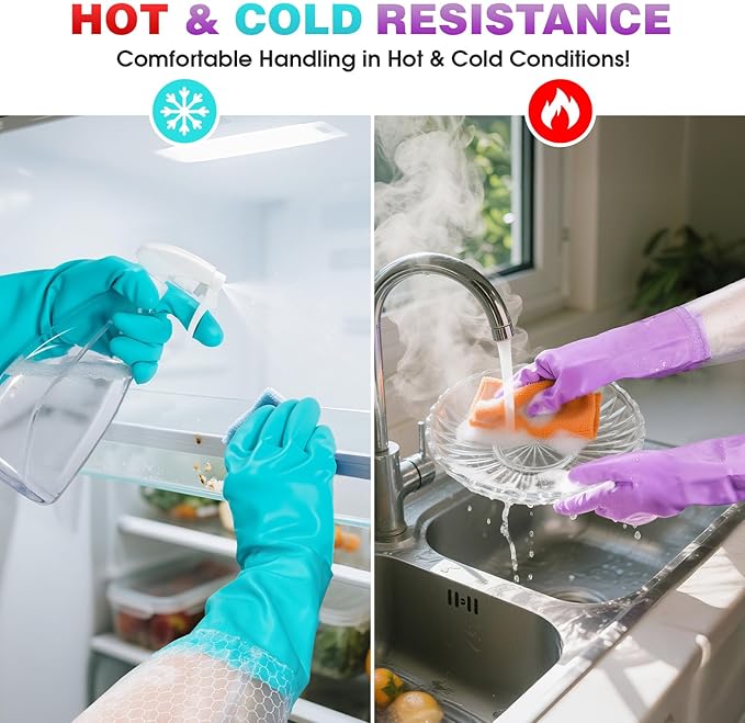 Elgood Reusable Long Dishwashing Cleaning Gloves with Latex Free, Long Cuff,Cotton Lining,Kitchen Gloves 2 Pairs,Purple+Blue Medium