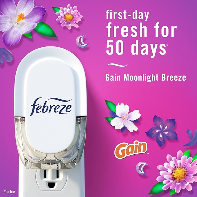 Febreze Odor-Fighting Fade Defy PLUG Air Freshener, Gain Moonlight Breeze, Gain Original, 0.87 fl. oz. Oil Refills, 4 Refills (2 of Each)