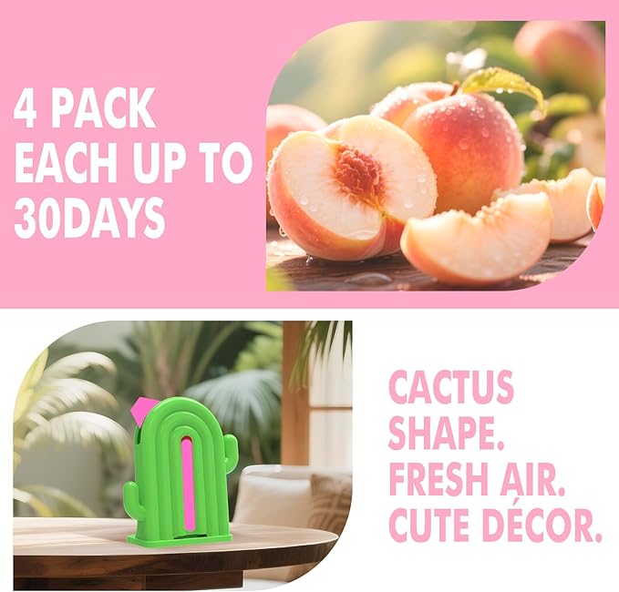 Air Freshener for Home, 2 Pack, 2 Refill, Peach Scent, Odor Eliminator, Up to 120 Days, Cactus-shaped Freshener for Closet Bathroom, Cute Home Decor, White and Green