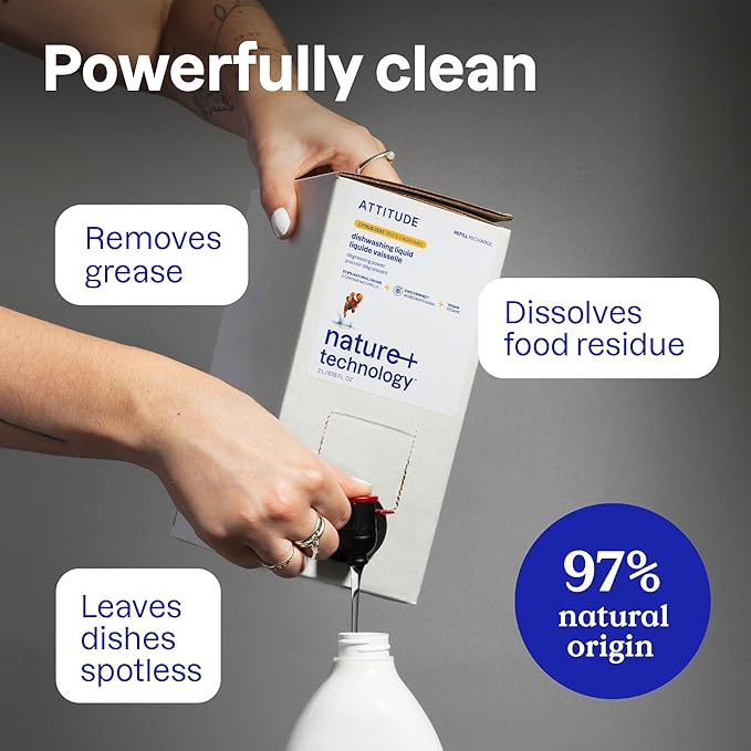 ATTITUDE Dish Soap, EWG Verified, Plant-Based & Vegan Dishwashing Liquid, Naturally Derived, Olive and Coriander Scent, 23.7 Fl Oz