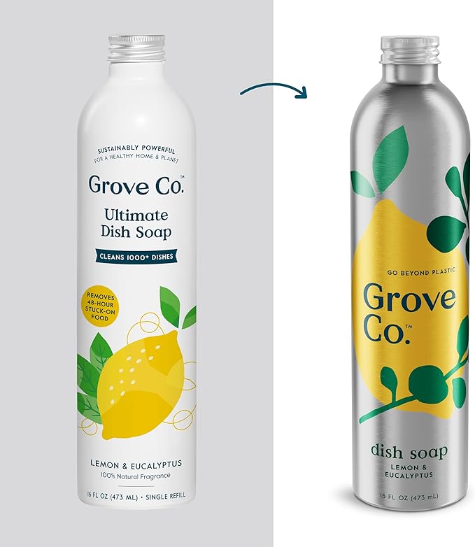 Grove Co. Ultimate Dish Soap Refills (3 x 16 Fl Oz) + Refillable Glass Dish Soap Dispenser for Kitchen Sink with Non-Slip Silicone Sleeve, Plastic Free Cleaning Products, Lemon & Eucalyptus