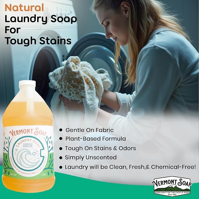 Vermont Soap Laundry Detergent, Laundry Soap, Natural Laundry Detergent Liquid, Baby Detergent, washing — Spring Breeze, 64 Fl Oz