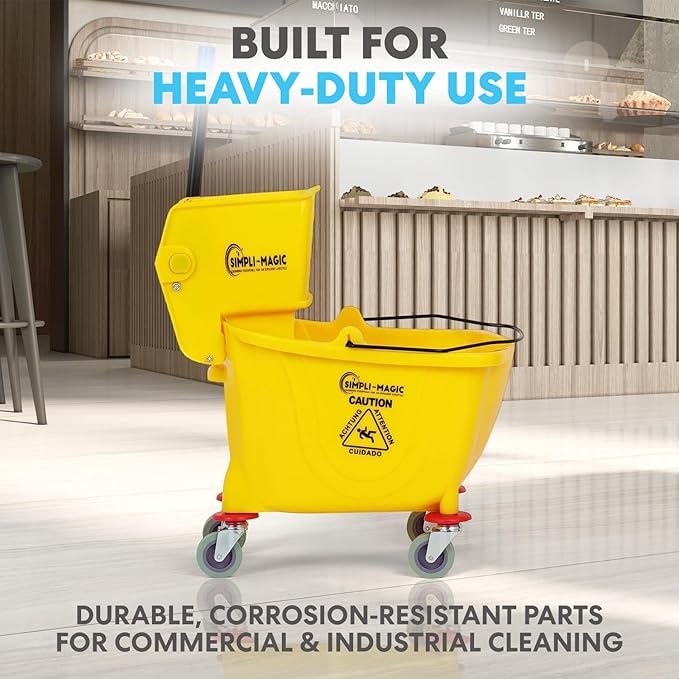 Simpli-Magic Side Press Wringer Combo Commercial Mop Bucket on Wheels, 35 Quart,Yellow, Including Wet Floor Caution Sign and Mop Set