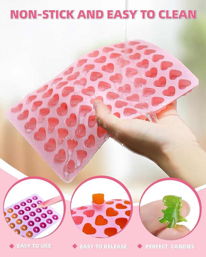 Silicone Gummy Molds Set of 4, Non-stick Candy Chocolate Molds with 2 Droppers 1 Clean Brush, Includes Dinosaur Bear Donut Heart Shape