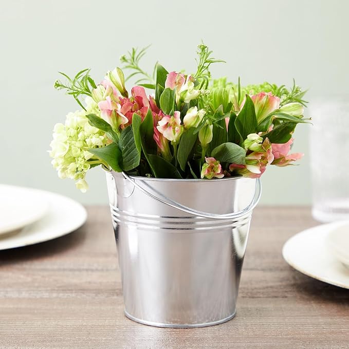 Juvale Galvanized Metal Buckets - 12 Pack, Silver, 4.7 in - Mini Metal Buckets with Handles for Party Decorations & Crafts