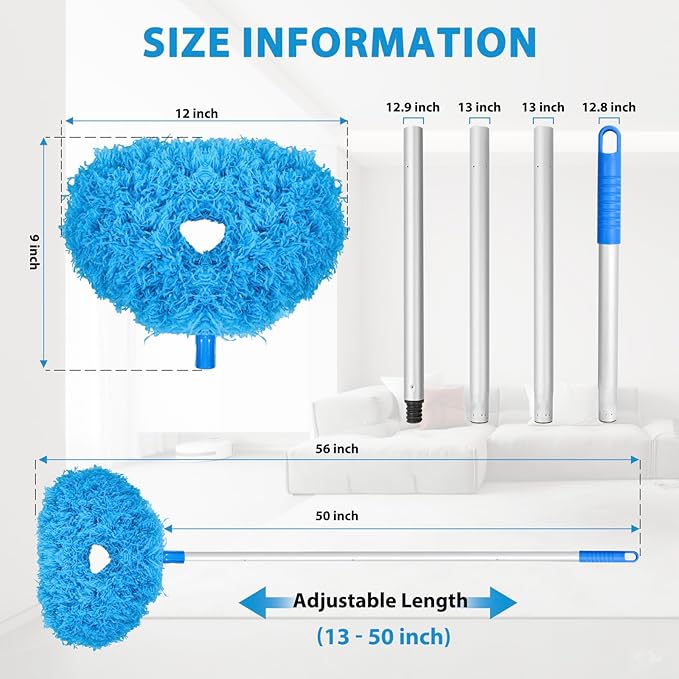 Ceiling Fan Cleaner Duster High Ceiling Extended Fan Blade Cleaner from 13 to 50 Inch Reusable Microfiber Ceiling Fan Duster with Extension Handle for Furniture Bookshelves Wall Door (Blue)