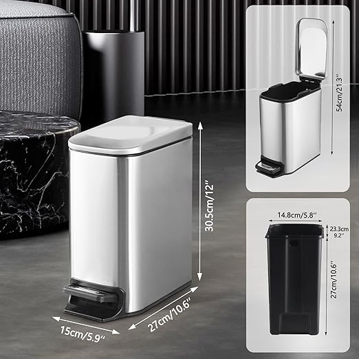 ELPHECO Small Bathroom Trash Can with Lid Soft Close 1.8 Gallon / 6.8 Liter Stainless Steel Garbage Can Slim Step Wastebasket for Bathroom, Office, Bedroom, Silver