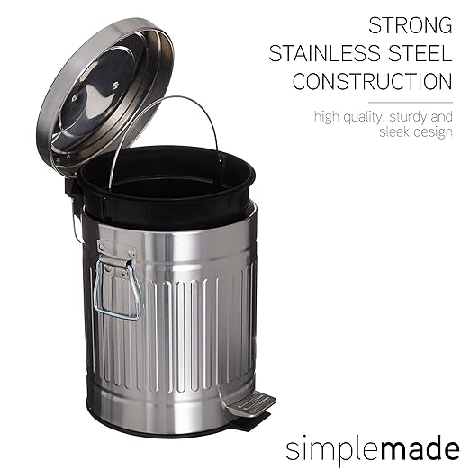 SIMPLEMADE Round Step Trash Can - 5 Liter / 1.3 Gallon - Stainless Steel Bathroom Wastebasket with Lid