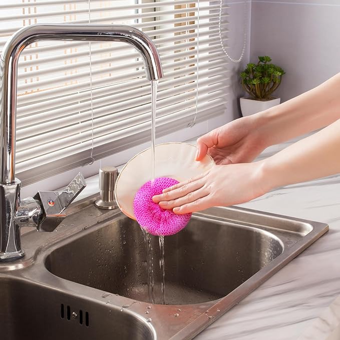 Uiifan 50 Pcs Plastic Dish Scrubbers for Dishes Nylon Dish Scrubber Plastic Pot Round Non Scratch Mesh Pot Scrubber Pads for Kitchen Household Cleaning, 5 Colors