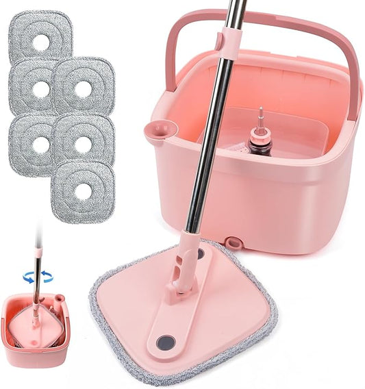 Spin Mop and Bucket Set with Self - Separating Dirty and Clean Water System, Self - Wringing, 360° Rotating Clean Mop - Head for Hardwood, Tile and Marble Floors with 6 Pads - Pink