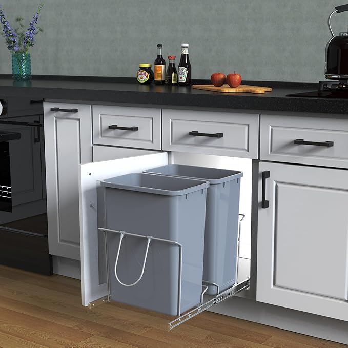 Double Pull-Out Trash Can, 35QT Under-Cabinet Kitchen Bin, Metal Frame, Grey, Fits Above 18” Opening Cabinets