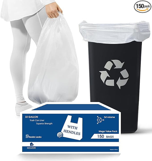 Heavy Duty Contractor Trash Bags with Handles – 33 Gallon, 150 Count | 17 Micron Thick, Extra Large Garbage Bags for Household, Yard Waste, Landscaping & Commercial Use | Secure Signature Knot