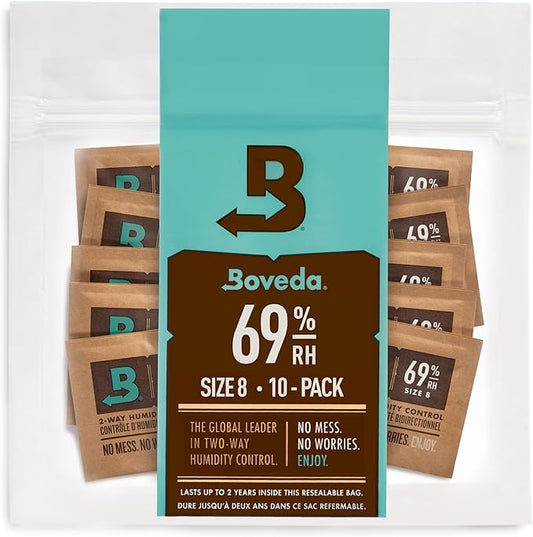 Boveda 69% Two-Way Humidity Control Packs For Storing Up to 5 Items – Size 8 – 10 Pack – For Small Plastic Travel Cases & Bags – Moisture Absorbers – Humidifier Packs in Resealable Bag