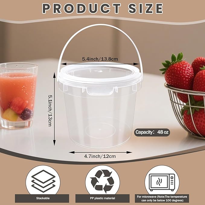 24 Pcs 48 oz Clear Buckets with Lids, Plastic Ice Cream Containers with Colorful Stickers and Handle, Round Food Storage Pails for Freezer and Microwave