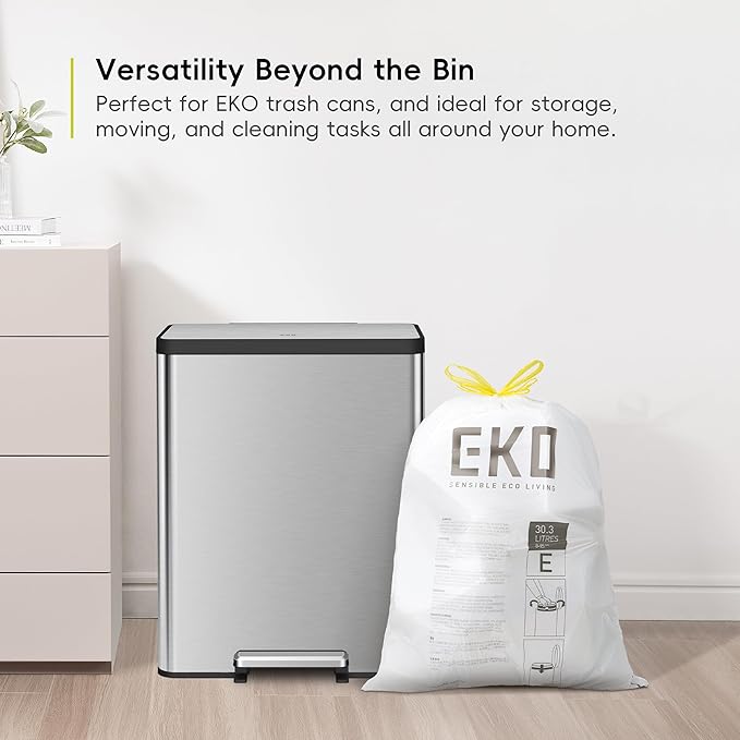 EKO Easy-Dispense Roll 80 Count Extra-Strong Drawstring Tall Kitchen Trash Bag, 8-9.5 Gallon Trash Bag (30.3L-36L) 1 Pack White, Code E