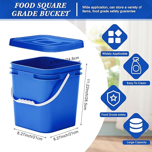 Mumufy 5 Pcs 3.5 Gallon Square Food Grade Bucket with Lid Square Bucket Pail with Plastic Handles for Storing Dry Food, Charcoal, Camping, Fishing (Blue)