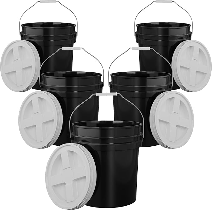 5-Gallon Black Bucket Pail with Gamma Seal Screw on Airtight Lid, Metal Handles with Plastic Grip for Easy Carrying, Easy Stack and Store, Heavy-Duty 90MIL Extra Durable, Food Grade, BPA Free - 5 Pack
