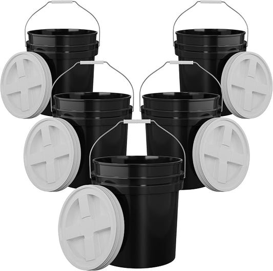 5-Gallon Black Bucket Pail with Gamma Seal Screw on Airtight Lid, Metal Handles with Plastic Grip for Easy Carrying, Easy Stack and Store, Heavy-Duty 90MIL Extra Durable, Food Grade, BPA Free - 5 Pack