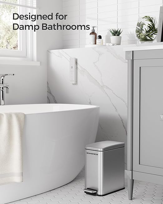 SONGMICS Bathroom Trash Can, 1.3 Gallon (5 L) Small Trash Bin with Lid, Slim for Small Spaces, Stainless Steel Garbage Can, Soft Close, Silver ULTB560E05