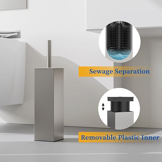 RUACQ Toilet Brush and Holder Set 2pcs,Square Toilet Bowl Brush for Bathroom with 304 Stainless Steel Handle Toilet Cleaner Brush with Durable Scrubbing Bristles,Splash-Proof (Brushed Nickel)