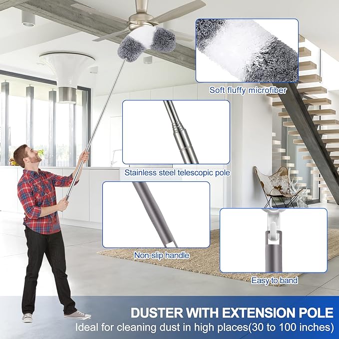 Microfiber Duster Kit (11PCS) - Washable Dusters with Extension Pole (30 to 100 in) for Cleaning Ceilings, Fans, Furniture