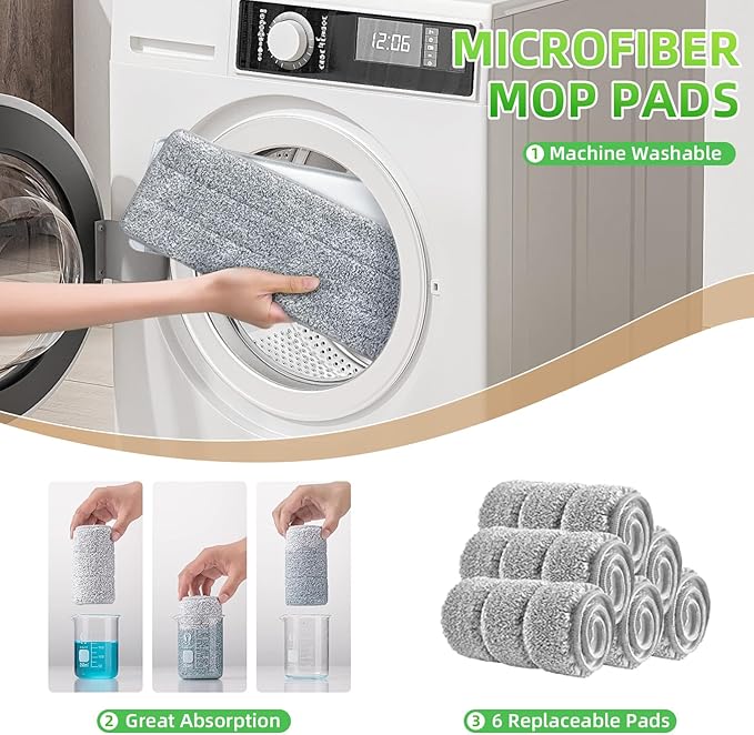 Mop and Bucket Set with Wringer for Home, 360° Flat Squeeze Mop with Long Handle and 6 Microfiber Cloths for Floor Cleaning (White+Blue, Slim Bucket and 15.7'' Aluminum Alloy Mop Head)