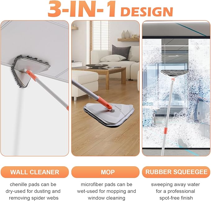 Wall Cleaner Triangle Mop with 82'' Long Handle - Wall Scrubber, Cleaning Washer Tool with 4 Microfiber Chenille Duster Pads for Clean Walls, Ceiling, Windows, Baseboards, Floors (Gray)