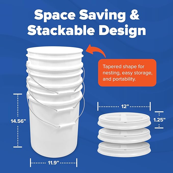 ePackageSupply 5 Gallon White Bucket with Gamma Seal Screw on Airtight Lid | Made in USA | Food Grade | Heavy-Duty | Durable 90 Mil All Purpose Pail | Easy Stack and Store | BPA Free (3 Count), White