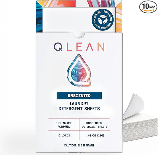 QLEAN Laundry Detergent Sheets (Travel Size 10 Loads) – Travel Laundry Detergent Sheets for Sensitive Skin, Unscented Fragrance Free Eco-Friendly Laundry Soap, HE & Standard Washer Safe, Stain Remover