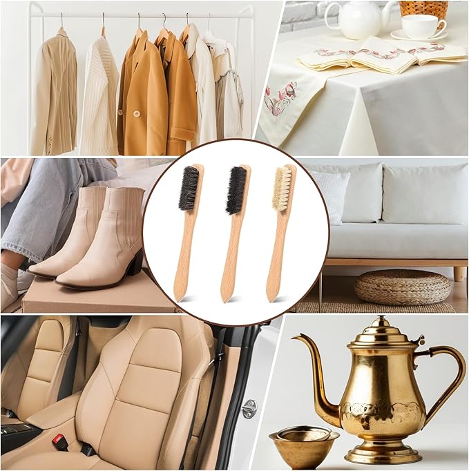3 Pcs Laundry Stain Brush Wood Laundry Brush for Stains on Clothes Small Remover Brushes with Boar Bristle for Cleaning Small Spaces Home Furniture Fabric Leather Stains
