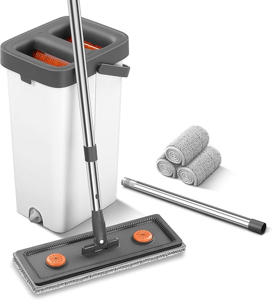MUEE Mop and Bucket with Wringer Set for Home, Flat Mop and Bucket Set for Floor Cleaning and Window Wall Cleaner, Wet and Dry Mop with Long Handle and 3 Microfiber Pads