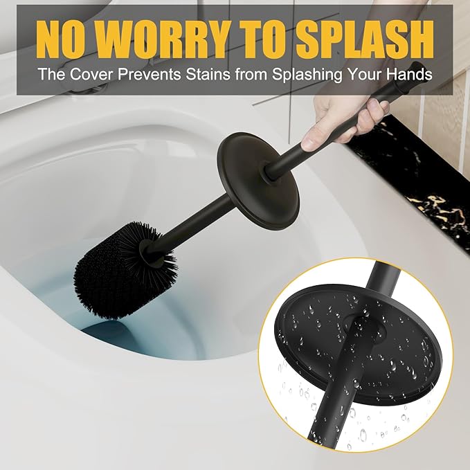 BESy Toilet Brush and Holder, Toilet Cleaner Bowl Set with Two Brush with Extra Long Handle, Durable Bristles Toilet Scrubber and Covered Holder, Drip-Proof Stainless Steel Matte Black