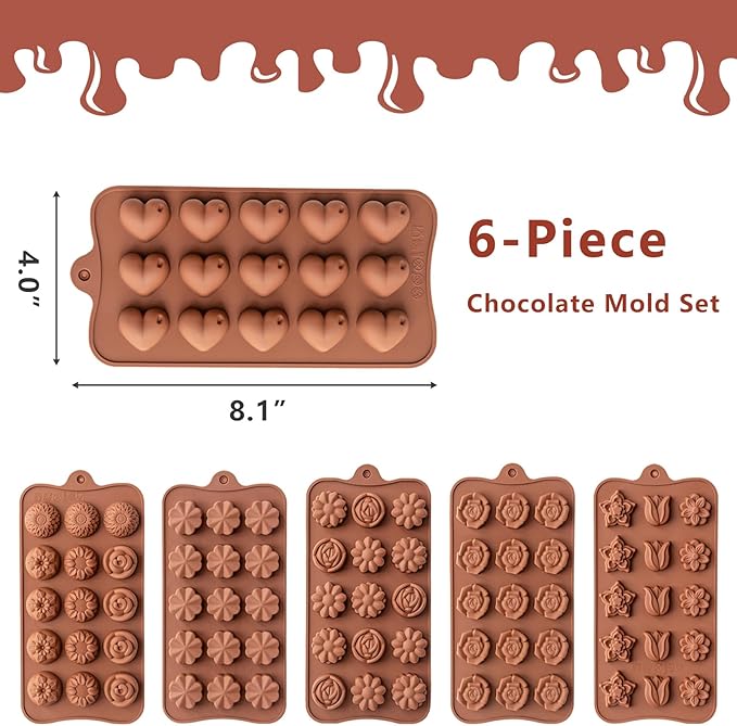 6 Pack Flower Shape Chocolate Candy Molds Silicone, Food-Grade Non-Stick Jello Mold, Crayon Mold, Silicone Baking Mold, BPA Free, including Flower, Heart, Tulip, Rose