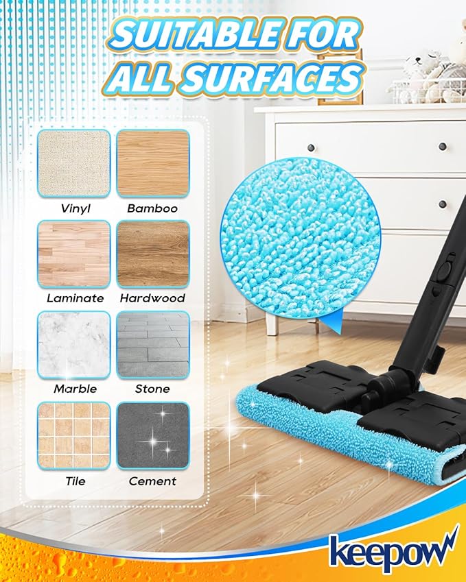 KEEPOW Reusable Microfiber Mop Pads Fit for Waitbird Steam Cleaner STC-EU168, 4 Pack Microfiber Cleaning Replacement Pads for Hardwood Floor Cleaning & 4 Pack Ironing Cloths, (Mop is Not Included)