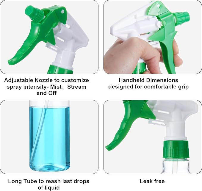 Eccliy 12 Pcs 16 Oz Plastic Spray Bottle, Adjustable Empty Reusable Sprayer for Cleaning, Planting, Water, Bathroom and Kitchen, BBQ, Commercial and Residential(Green&white,Clear)