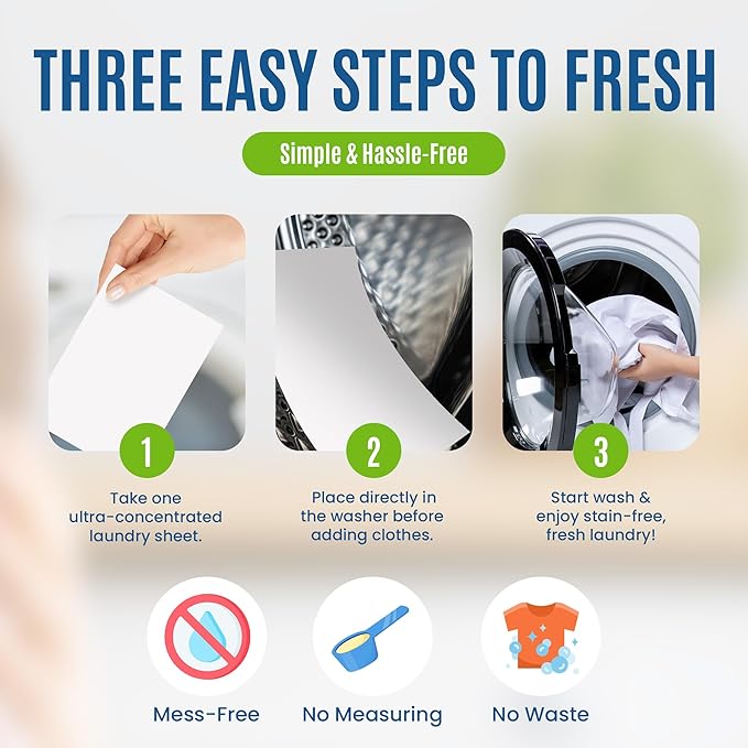 Eco-Friendly 80 Loads Ultra Concentrated Laundry Detergent Sheets Stain-Fighting Enzymes & Plant Powered, Washer Sheets, Space Saving, Travel Friendly for Hot/Cold Cycles, Tackles Tough Stains & Odors