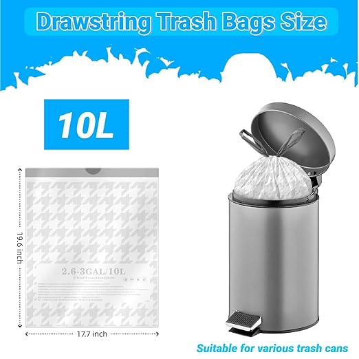 OKKEAI 3 Gallon Small Bathroom Trash Bags White Drawstring Garbage Bags – 90 Count Tear-Free, Heavy Duty Printed Liners, Leak-Proof White Trash Bag for Kitchen, Office, Multipurpose Use