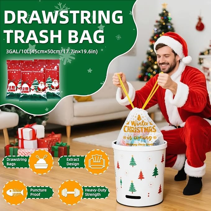3 Gallon Christmas Drawstring Trash Bags – 50 Count Small Christmas Printed Garbage Bags, Festive Printed Waste Bin Liners, Holiday Christmas Supplies for Bathroom, Party Cleanup, Gold