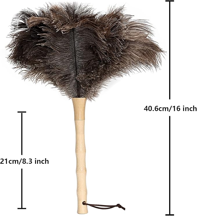 Ostrich Feather Duster 16 inch Feather Duster Fluffy Natural Genuine Ostrich Feathers with Wooden Handle and Eco-Friendly Reusable Handheld Ostrich Feather Duster for Cleaning Supplies