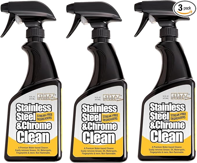 Flitz Stainless Steel & Chrome Clean - 16oz Bottle, USA-Made Stainless Steel Cleaner Spray for Appliances - Grill, Fridge, Sink Stain Remover - Also Works on Aluminum Surfaces (3 Pack)