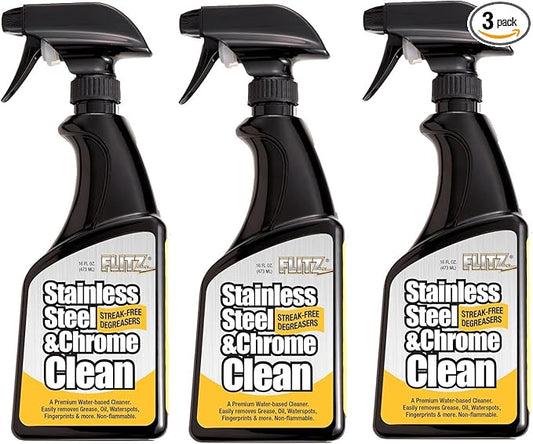 Flitz Stainless Steel & Chrome Clean - 16oz Bottle, USA-Made Stainless Steel Cleaner Spray for Appliances - Grill, Fridge, Sink Stain Remover - Also Works on Aluminum Surfaces (3 Pack)
