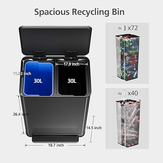 GarveeHome 60L/16 Gal Kitchen Trash Can,2×8 Gal Pedal Trash Bin with Removable Baskets,Stainless Steel Garbage Can for Kitchen Office Restaurant School Hospital