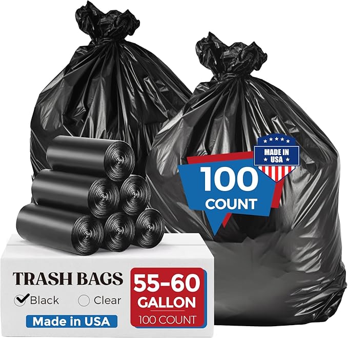 Fuxury 55-60 Gallon Heavy Duty Trash Bags, 100 Count Black Garbage Bags, 23 Mic Thick, 38x58 in, Star-Seal Bottom, Plastic Bags Ideal for Home, Yard & Commercial Use, Made in USA