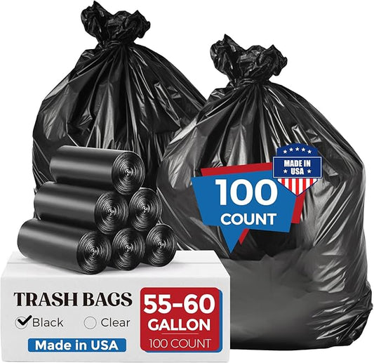 Fuxury 55-60 Gallon Heavy Duty Trash Bags, 100 Count Black Garbage Bags, 23 Mic Thick, 38x58 in, Star-Seal Bottom, Plastic Bags Ideal for Home, Yard & Commercial Use, Made in USA