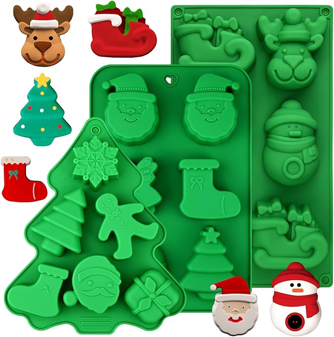 HUAKENER 3 Pack Christmas Soap Molds, Large Size Xmas Silicone Mold for Handmade Soap, Mini Cakes, Chocolate, Candy, Jello