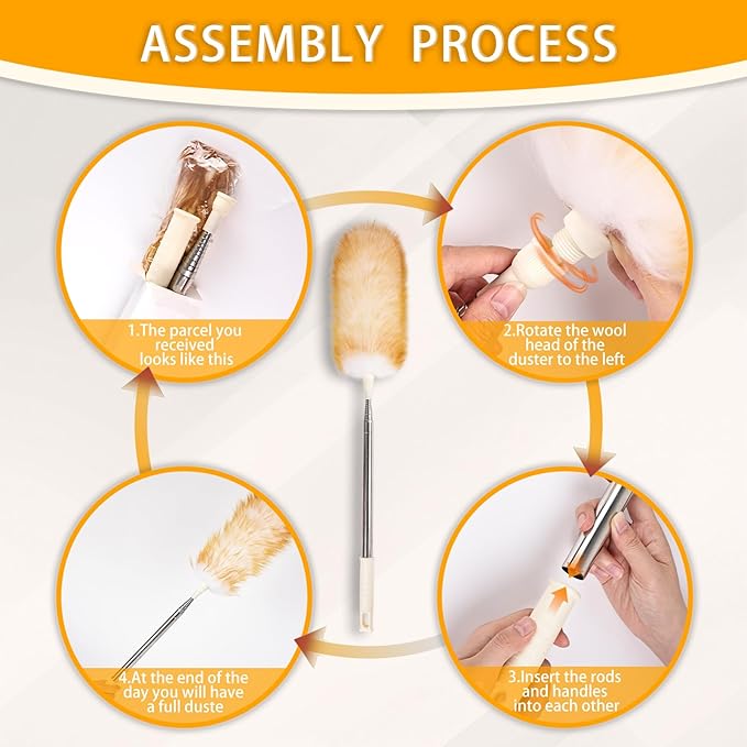 Extendable Lambswool Duster Stainless Steel Handle 133" Removable Feather Duster for Cleaning Ceiling Fans Interior Roof Furniture, Yellow