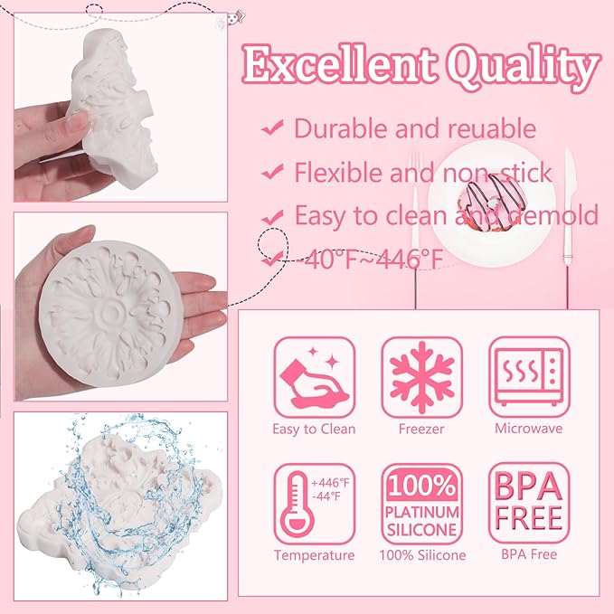 European Relief Silicone Mold, Baroque Style Fondant and Chocolate Mold, High-Temperature Resistant Food-Grade Silicone, Suitable for Cake Decoration, Candy, Biscuit, Mousse, Resin, Clay