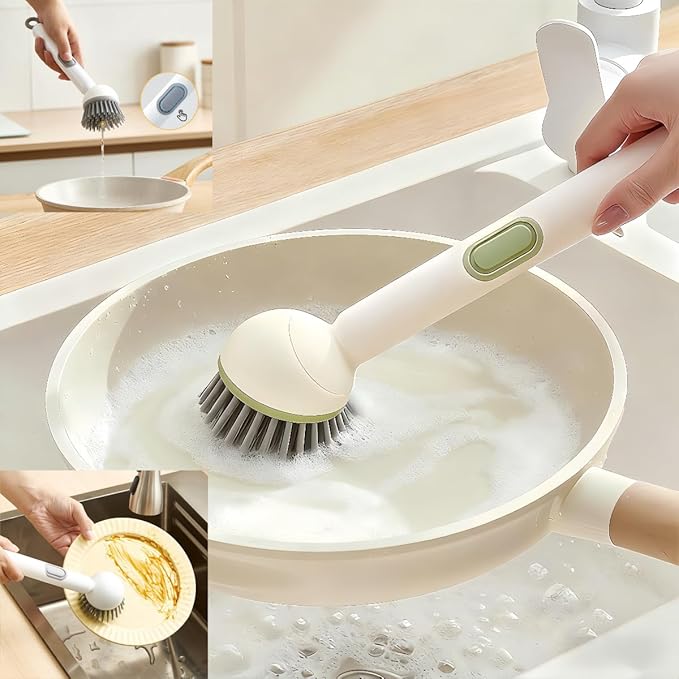Adjustable Dish Brush with Soap Dispenser, Non-Scratch PET Bristles, Ergonomic Handle, Kitchen Cleaning Tool for Pots, Pans & Sink (Green, Long-1 Piece)