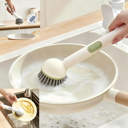 Adjustable Dish Brush with Soap Dispenser, Non-Scratch PET Bristles, Ergonomic Handle, Kitchen Cleaning Tool for Pots, Pans & Sink (Green, Long-1 Piece)